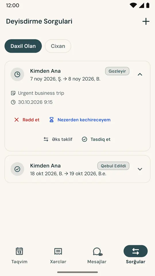 Mübahisəsiz gün dəyişimi — Həftəsonu dəyişməsini birbaşa tətbiqdən tələb edin: digər valideyn qəbul edir və ya rədd edir, qərar isə tarix və saatla qeydə alınır.