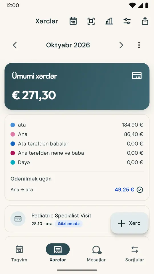 Uşaq xərclərinin ədalətli bölünməsi — Qəbzin şəklini çəkin, məbləğ və tarix avtomatik dolsun. Xərcləri 50/50 və ya razılaşdığınız nisbətdə bölün: balans həmişə dəqiq qalsın.