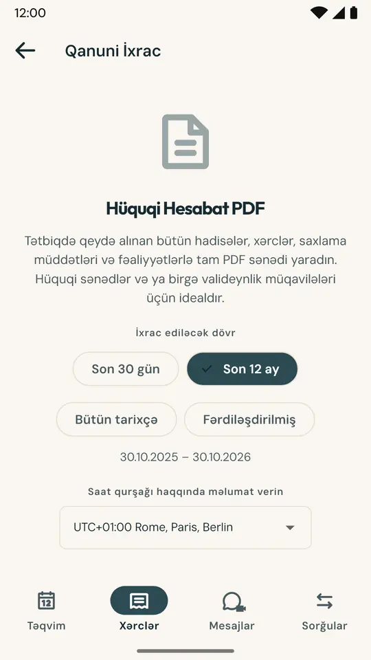 Vəkil və ya mediator üçün hesabat — Seçilmiş dövr üzrə təqvim, gecələmələr, xərclər və mesajları əks etdirən, faylın dəyişdirilmədiyini təsdiqləyən SHA-256 rəqəmsal imzalı PDF sənədi.