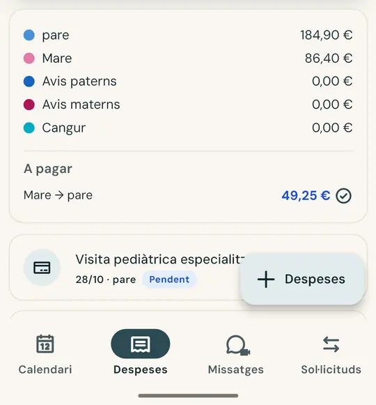 Les despeses dels fills, repartides — Fes una foto del tiquet i l'import i la data s'omplen automàticament. Repartiu al 50% o segons l'acord que tingueu: el saldo sempre està al dia.