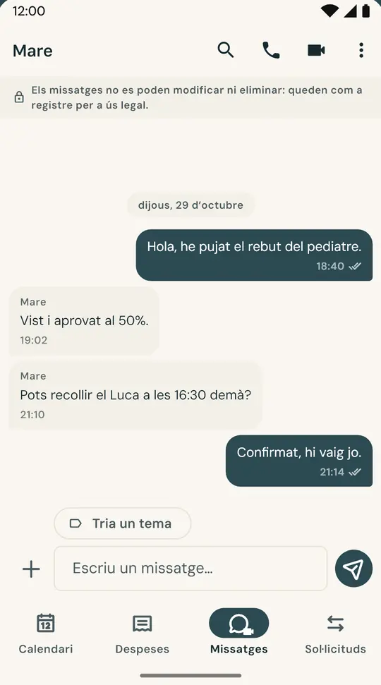 Un xat exclusiu per als fills — Separat dels missatges de cada dia. Els missatges enviats no es poden modificar ni esborrar.