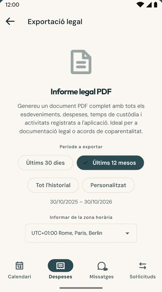 L'informe per a l'advocat o el mediador — Un PDF amb el calendari, les pernoctacions, les despeses i els missatges del període que triïs, amb una empremta SHA-256 per comprovar que no s'ha modificat.