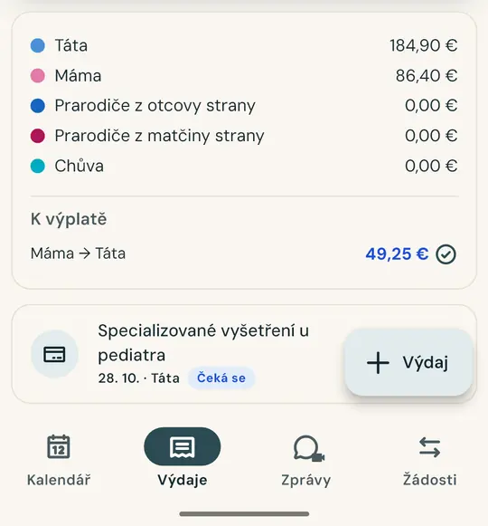 Spravedlivé rozdělení výdajů na děti — Vyfoťte účtenku a částka i datum se načtou automaticky. Rozdělte výdaj na polovinu nebo podle domluvy: zůstatek máte stále na očích.
