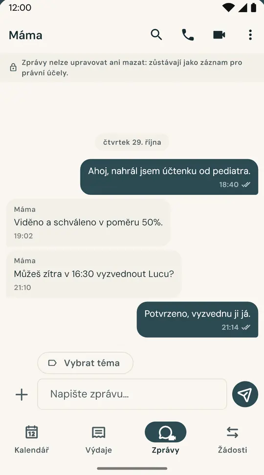 Samostatný chat pouze pro záležitosti dětí — Oddělený od běžné denní komunikace. Odeslané zprávy nelze dodatečně upravovat ani mazat.