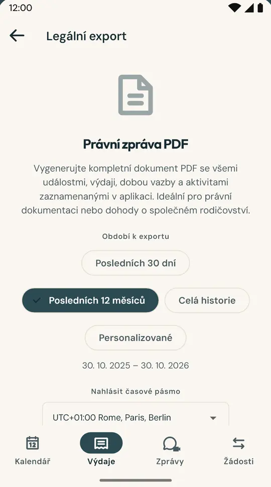 Souhrnná zpráva pro advokáta či mediátora — PDF dokument s kalendářem, přenocováními, výdaji a zprávami za zvolené období, opatřený kontrolním otiskem SHA-256 potvrzujícím neporušenost souboru.