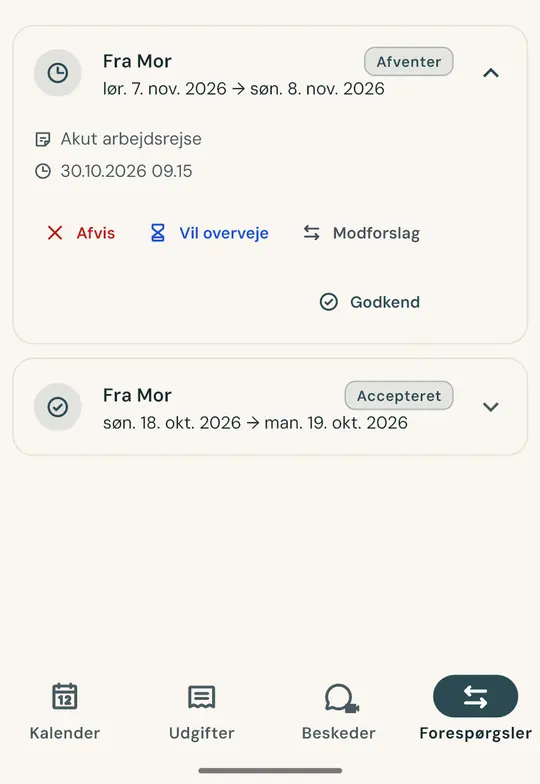 Byt en samværsdag uden skænderier — Anmod om at bytte en weekend direkte i appen: den anden forælder accepterer eller afslår, og aftalen gemmes med dato og klokkeslæt.