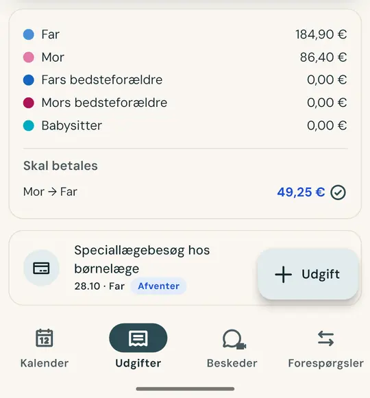 Børnenes udgifter deles retfærdigt — Tag et billede af kvitteringen, så udfyldes beløb og dato automatisk. Del 50/50 eller efter jeres egen aftale: saldoen er altid opdateret.