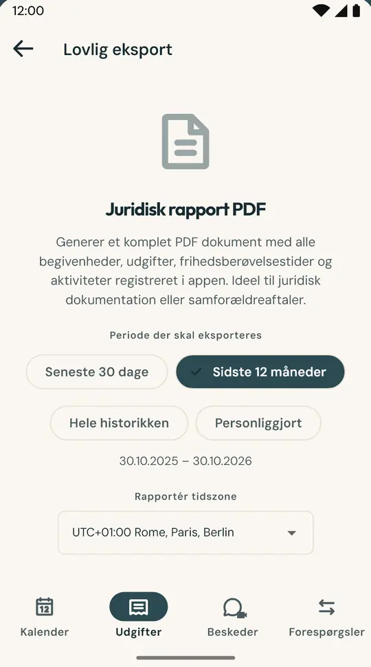Rapporten til advokat eller mediator — En PDF med kalender, overnatninger, udgifter og beskeder for den valgte periode, forsynet med et SHA-256-fingeraftryk, der bekræfter filens ægthed.