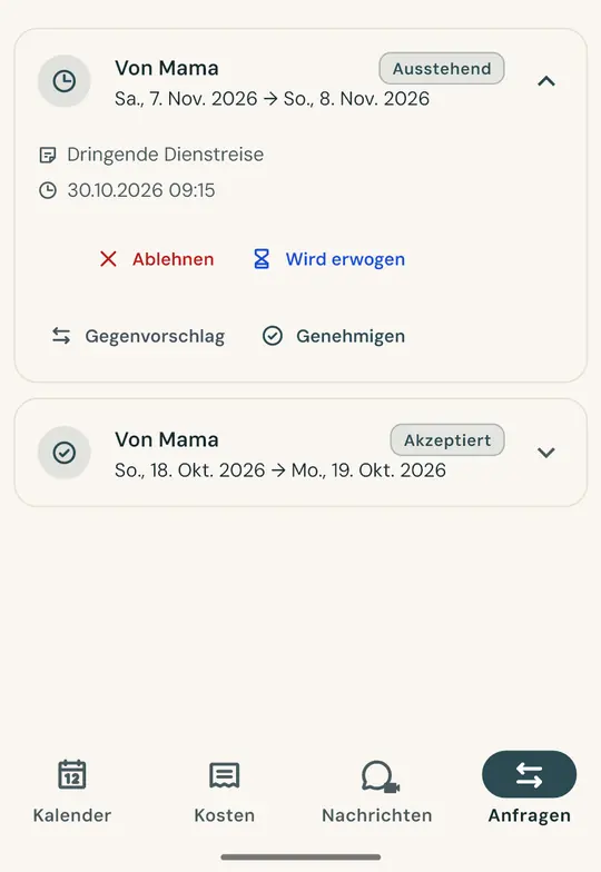 Ein Tausch, ohne Streit — Frag in der App nach einem Wochenendtausch: Der andere Elternteil nimmt an oder lehnt ab, und die Entscheidung bleibt mit Datum und Uhrzeit gespeichert.