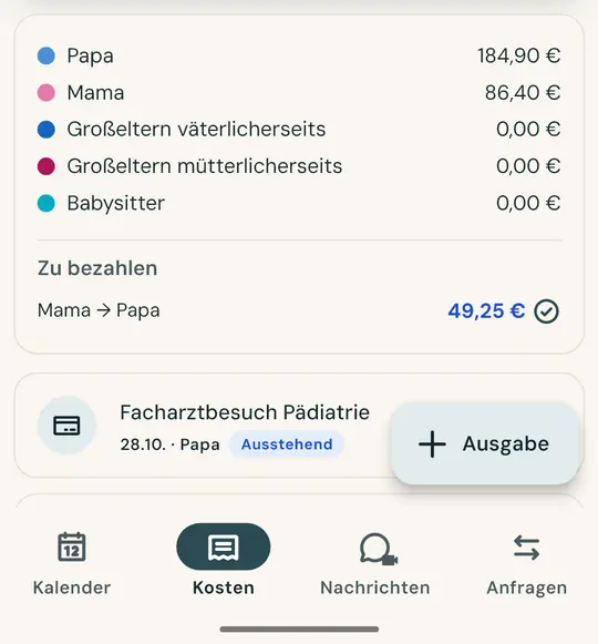 Ausgaben für die Kinder, geteilt — Fotografiere den Kassenbon, und Betrag und Datum füllen sich von selbst aus. Teilt 50:50 oder nach eurem vereinbarten Anteil: Der Saldo ist immer aktuell.