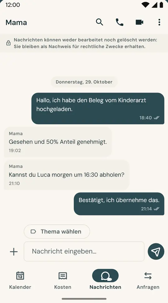 Ein Chat nur für die Kinder — Getrennt von den Nachrichten des Alltags. Gesendete Nachrichten lassen sich weder bearbeiten noch löschen.