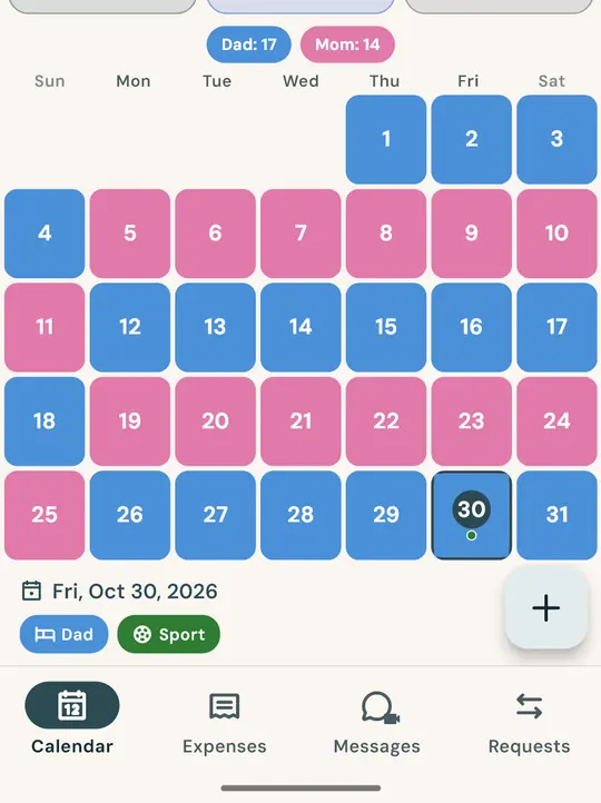 The custody calendar — Set the schedule once (alternating weeks, 2-2-3, every other weekend or your own pattern) and both parents see the same calendar, with each parent's nights.