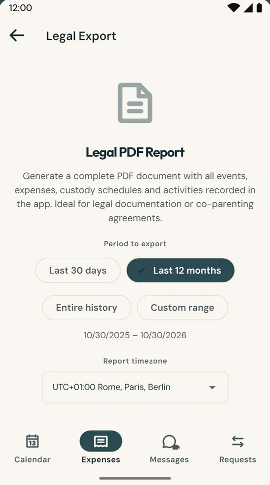 The report for your lawyer or mediator — A PDF with the calendar, overnights, expenses and messages for the period you choose, with a SHA-256 fingerprint to check it hasn't been altered.