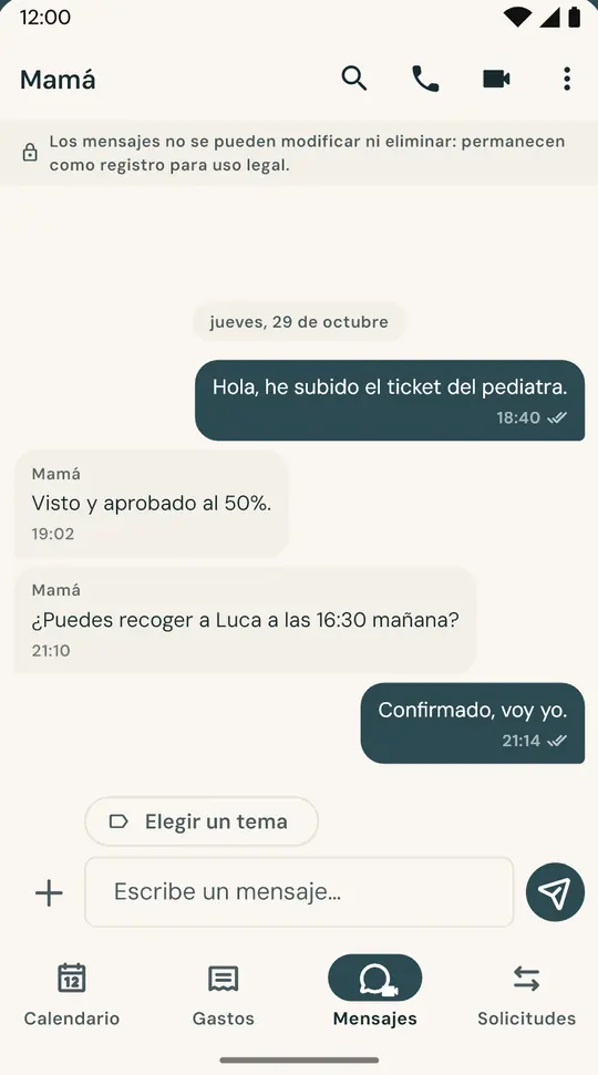 Un chat solo para los hijos — Separado de los mensajes de cada día. Los mensajes enviados no se pueden editar ni borrar.