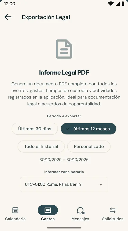 El informe para el abogado o el mediador — Un PDF con el calendario, las noches, los gastos y los mensajes del periodo que elijas, con una huella SHA-256 para comprobar que no se ha modificado.