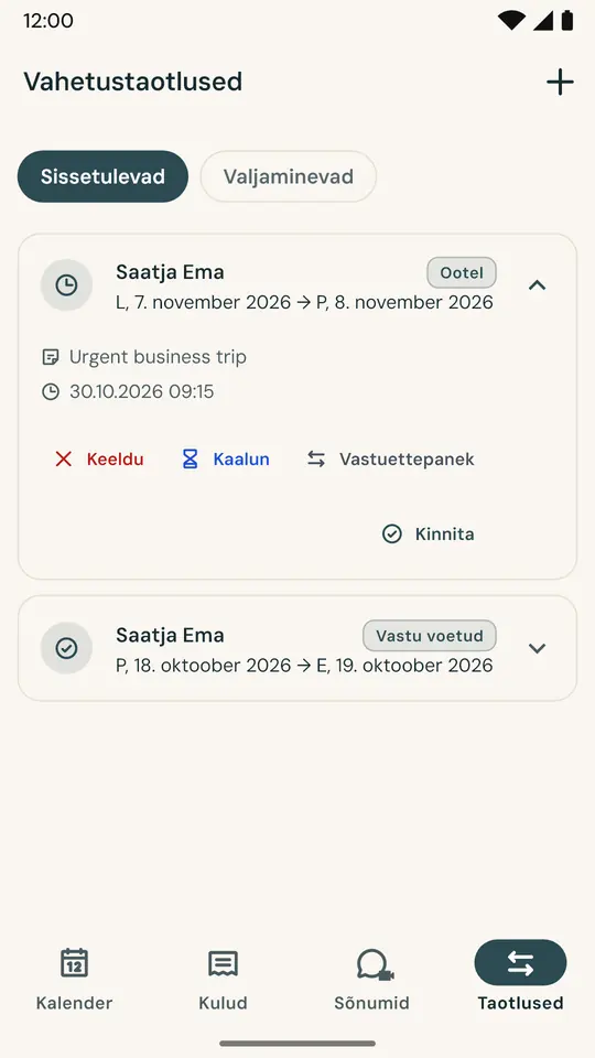 Päevade vahetus ilma vaidlusteta — Küsige nädalavahetuse vahetust otse äpis: teine vanem nõustub või lükkab tagasi ning otsus salvestatakse kuupäeva ja kellaajaga.