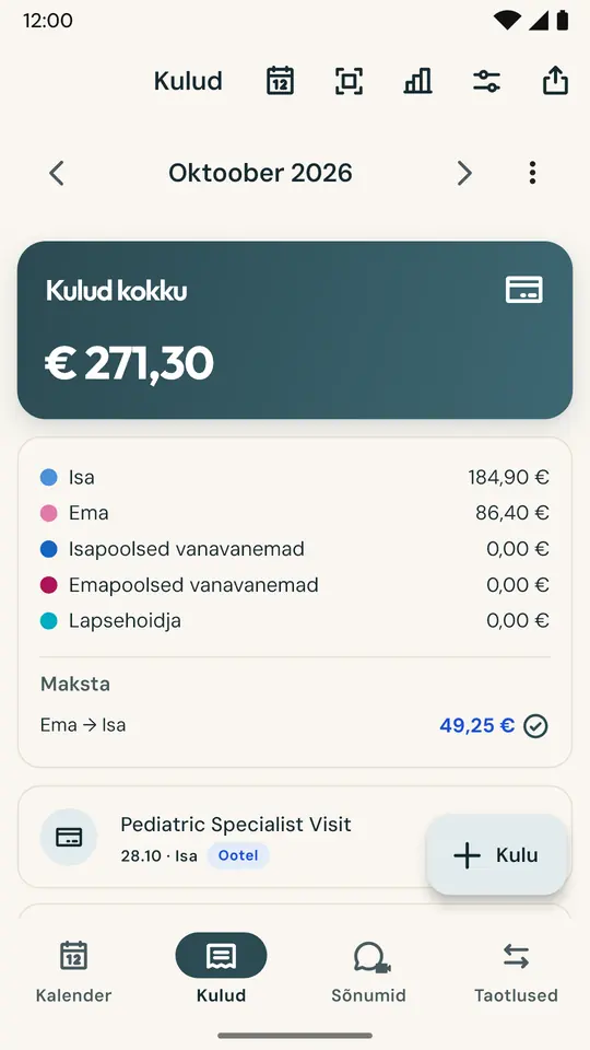 Laste kulude õiglane jaotamine — Pildistage kviitungit ning summa ja kuupäev täidetakse automaatselt. Jagage pooleks või kokkulepitud osakaalus: saldo on alati ajakohane.