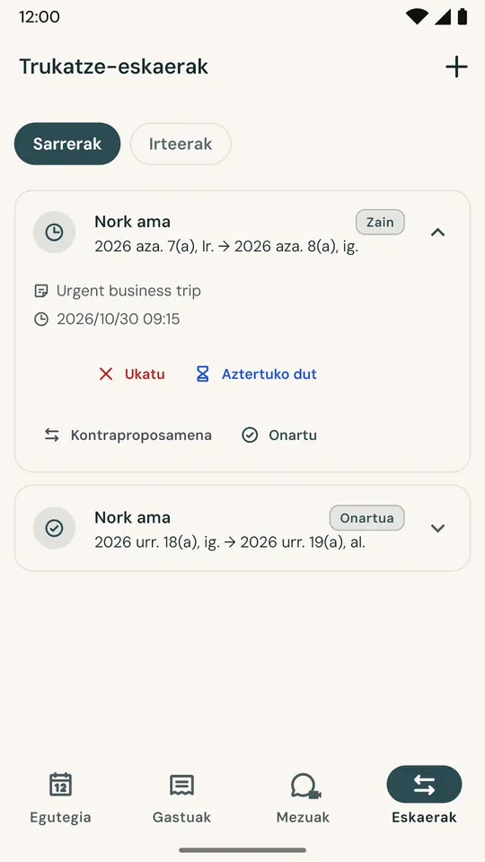 Txanda aldaketa eztabaidarik gabe — Eskatu asteburua aldatzea aplikaziotik zuzenean: beste gurasoak onartu edo ukatu egingo du, eta erabakia data eta orduarekin erregistratuta geratuko da.