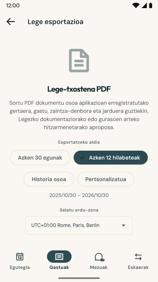Abokatu edo bitartekariarentzako txostena — Aukeratutako epeko egutegia, gauak, gastuak eta mezuak biltzen dituen PDF dokumentua, fitxategia aldatu ez dela bermatzen duen SHA-256 hatz-markarekin.