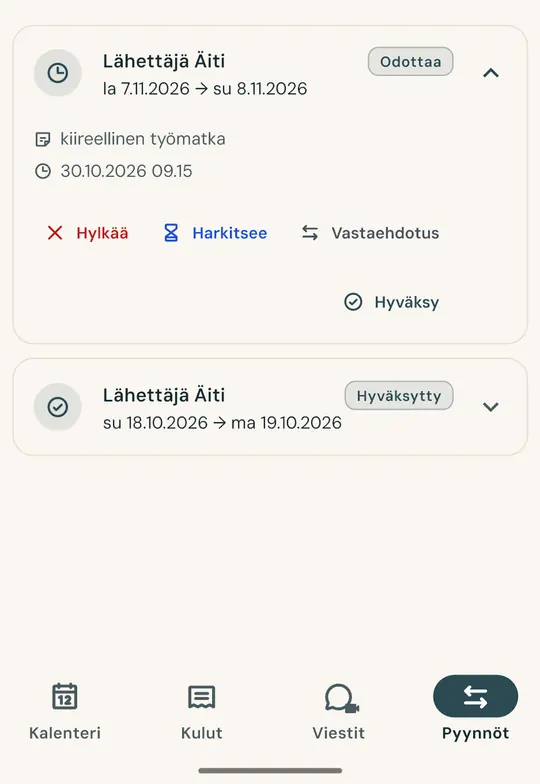Vuoron vaihto ilman kiistelyä — Pyydä viikonlopun vaihtoa suoraan sovelluksessa: toinen vanhempi hyväksyy tai hylkää, ja päätös kirjautuu päivämäärän ja kellonajan kera.