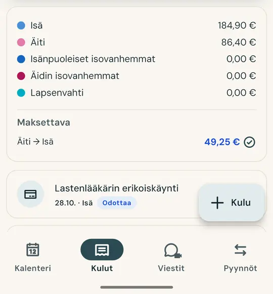 Lasten kulut tasan ja selkeästi — Ota kuitista kuva, niin summa ja päivämäärä täyttyvät itsestään. Jaa kulut puoliksi tai sovitulla osuudella: saldo pysyy aina ajan tasalla.