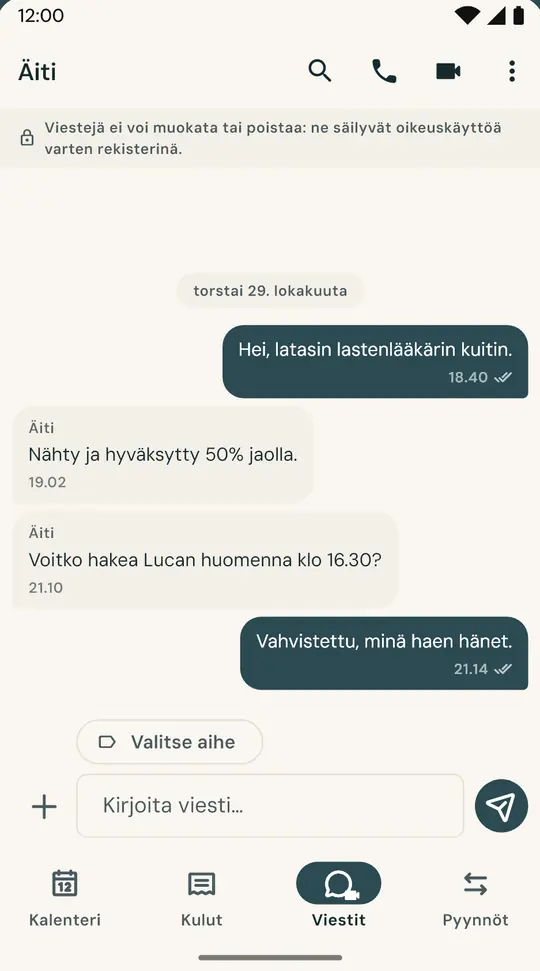 Oma chat vain lasten asioille — Pysyy erillään muusta arkisesta viestittelystä. Lähetettyjä viestejä ei voi muokata eikä poistaa jälkikäteen.