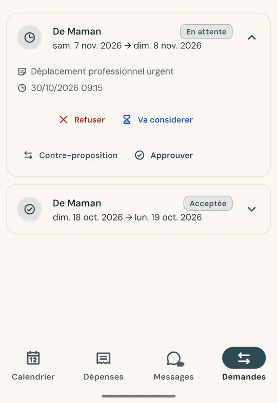Un échange de jours, sans dispute — Demandez à échanger un week-end depuis l'appli : l'autre parent accepte ou refuse, et la décision reste enregistrée avec la date et l'heure.