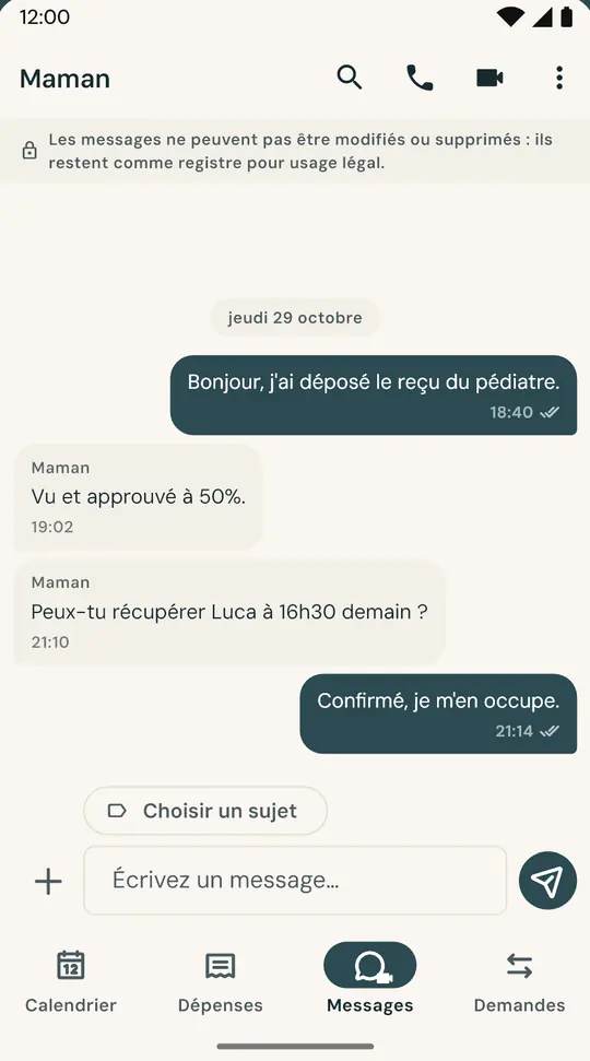 Une messagerie juste pour les enfants — Séparée de vos conversations de tous les jours. Les messages envoyés ne peuvent être ni modifiés ni supprimés.