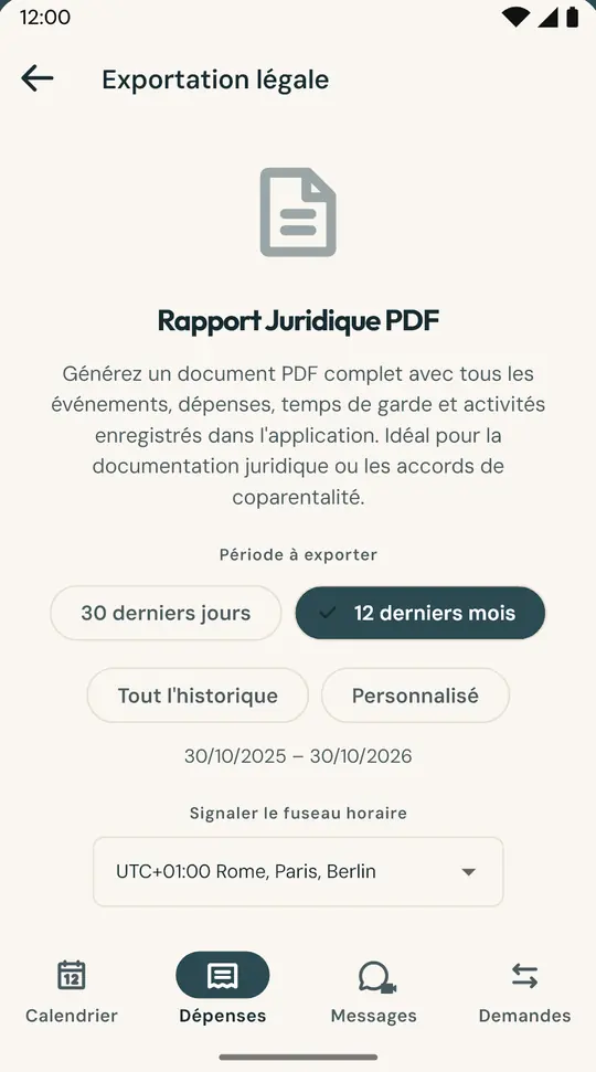 Le rapport pour l'avocat ou le médiateur — Un PDF avec le calendrier, les nuits, les dépenses et les messages de la période choisie, avec une empreinte SHA-256 pour vérifier qu'il n'a pas été modifié.