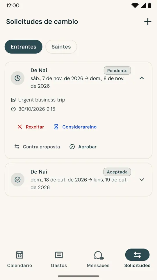 Un troco de quenda sen discusións — Pide cambiar unha fin de semana dende a app: a outra parte acepta ou rexeita, e o acordo queda rexistrado con data e hora.