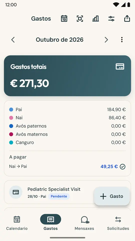 Repartición xusta dos gastos dos fillos — Saca unha foto do tique e o importe e a data énchense ao momento. Repartide ao 50% ou segundo a vosa porcentaxe: o saldo mantense sempre ao día.