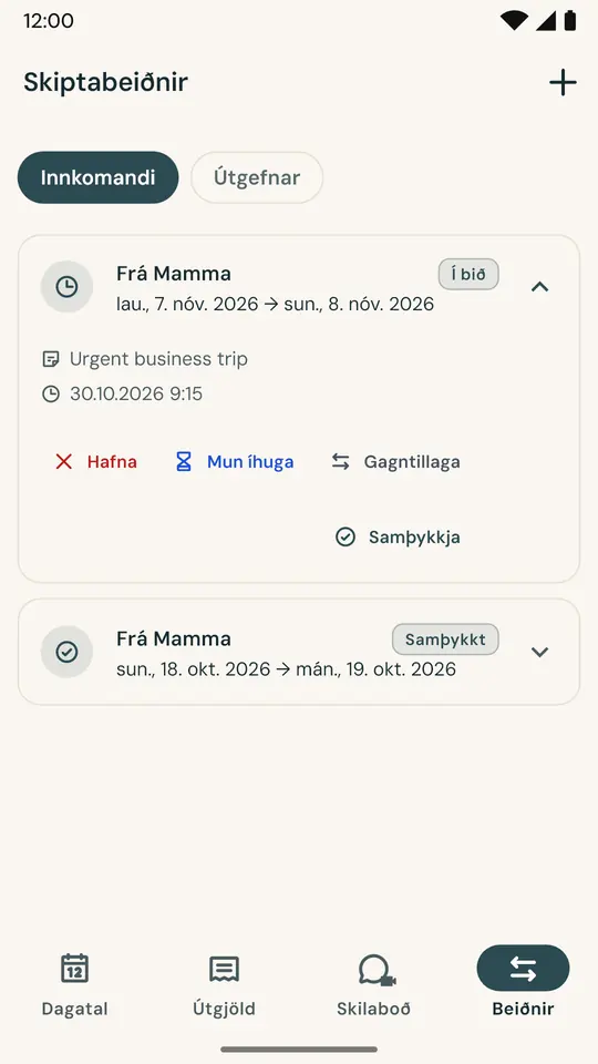 Skipti á dögum án deilna — Óskið eftir skiptum á helgi beint í appinu: hinn aðilinn samþykkir eða hafnar og samkomulagið er vistað með dagsetningu og tímasetningu.
