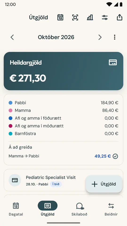 Sanngjörn skipting á útgjöldum barna — Takið mynd af kvittuninni og upphæð ásamt dagsetningu fyllast út sjálfkrafa. Skiptið til helminga eða eftir samkomulagi: staðan er alltaf rétt.