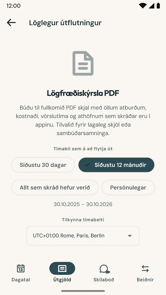 Skýrsla fyrir lögfræðing eða sáttamiðlara — PDF-skjal með dagatali, gistinóttum, útgjöldum og skilaboðum fyrir valið tímabil, með SHA-256 fingrafari til að staðfesta að skjalinu hafi ekki verið breytt.
