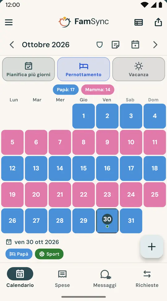 Il calendario dell'affido — Imposti i turni una volta sola (settimane alterne, 2-2-3, weekend alterni o uno schema vostro) e mamma e papà vedono lo stesso calendario, con le notti di ciascuno.