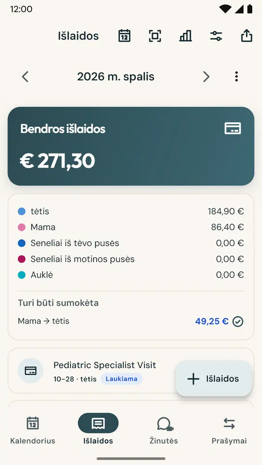Sąžiningas vaikų išlaidų padalijimas — Nufotografuokite čekį, o suma ir data užsipildys automatiškai. Dalinkitės 50/50 arba sutarta dalimi: balansas visada tikslus.