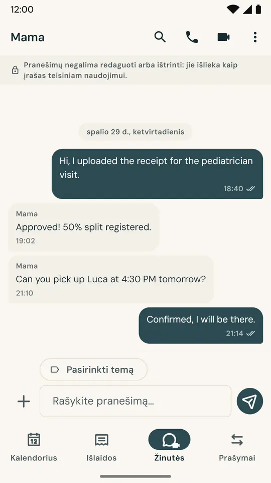 Atskiras pokalbis tik vaikų reikalams — Atskirta nuo kasdienių susirašinėjimų. Išsiųstų žinučių negalima keisti ar ištrinti.