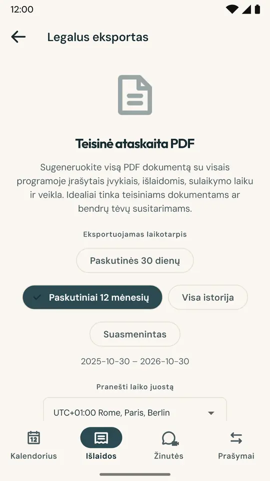 Ataskaita advokatui ar mediatoriui — PDF dokumentas su kalendoriumi, nakvynėmis, išlaidomis ir žinutėmis už pasirinktą laikotarpį, apsaugotas SHA-256 skaitmeniniu atspaudu autentiškumui patvirtinti.