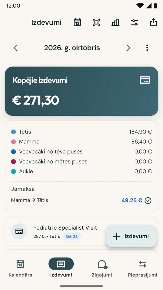 Taisnīga bērnu izdevumu sadale — Nofotografējiet čeku, un summa ar datumu tiek ievadīta automātiski. Daliet 50/50 vai pēc jūsu vienošanās: bilance vienmēr ir precīza.