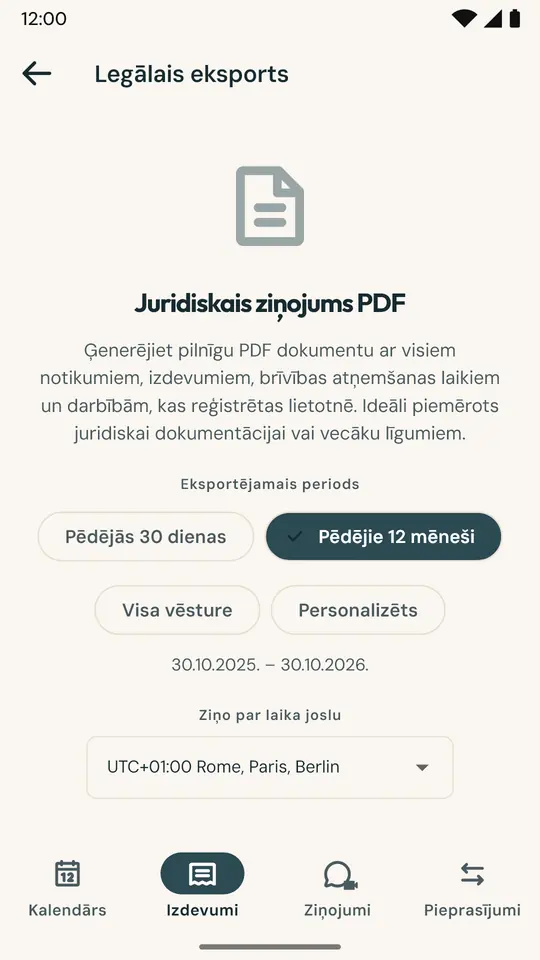 Pārskats advokātam vai mediatoram — PDF dokuments ar kalendāru, nakšņošanām, izdevumiem un ziņojumiem par izvēlēto periodu, aizsargāts ar SHA-256 ciparnospiedumu nemainīguma apliecināšanai.