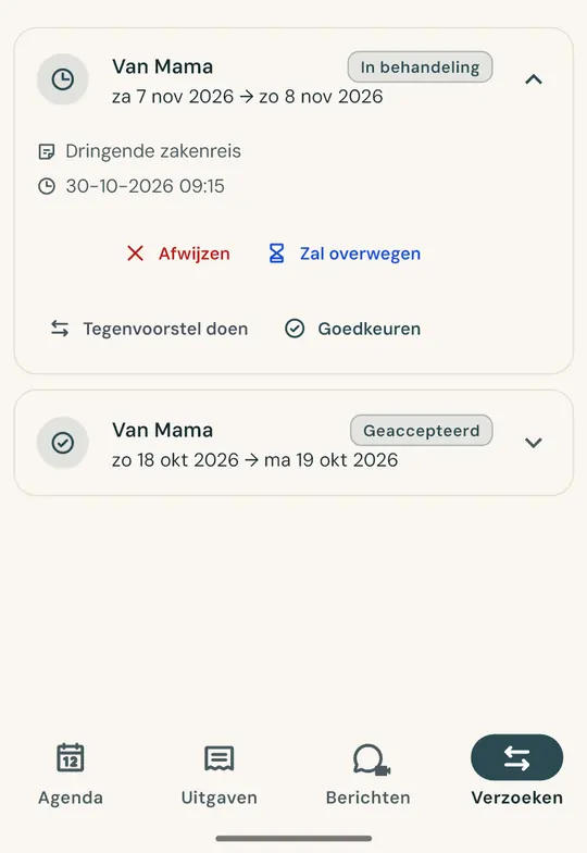 Een wissel ruilen, zonder gedoe — Vraag via de app om een weekend te ruilen: de andere ouder accepteert of weigert, en het besluit staat vast met datum en tijd.