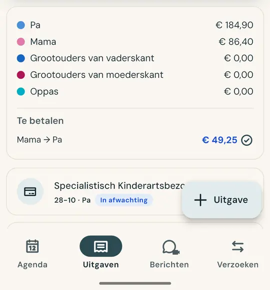 Kinderkosten eerlijk verdelen — Maak een foto van het bonnetje en het bedrag en de datum worden direct ingevuld. Verdeel 50/50 of volgens jullie eigen afspraak: het saldo klopt altijd.