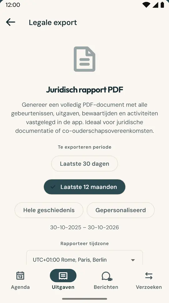 Het rapport voor advocaat of mediator — Een PDF met de kalender, overnachtingen, kosten en berichten van de gekozen periode, voorzien van een SHA-256-vingerafdruk om aan te tonen dat het bestand ongewijzigd is.