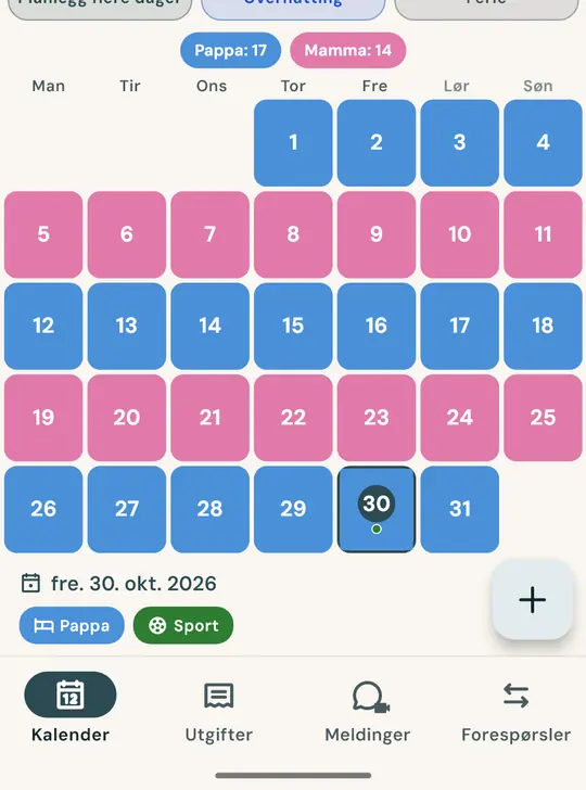 Samværskalenderen — Legg inn avtalen én gang (annenhver uke, 2-2-3, annenhver helg eller et eget oppsett), så ser begge foreldrene samme kalender med alles netter.