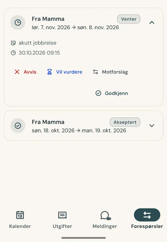 Bytt en dag uten diskusjoner — Be om å bytte en helg rett i appen: den andre forelderen godkjenner eller avslår, og avtalen loggføres med dato og klokkeslett.