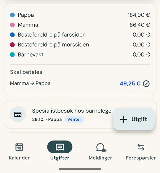 Del barnas utgifter rettferdig — Ta bilde av kvitteringen så fylles beløp og dato ut automatisk. Del 50/50 eller etter egen fordelingsbrøk: saldoen er alltid oppdatert.