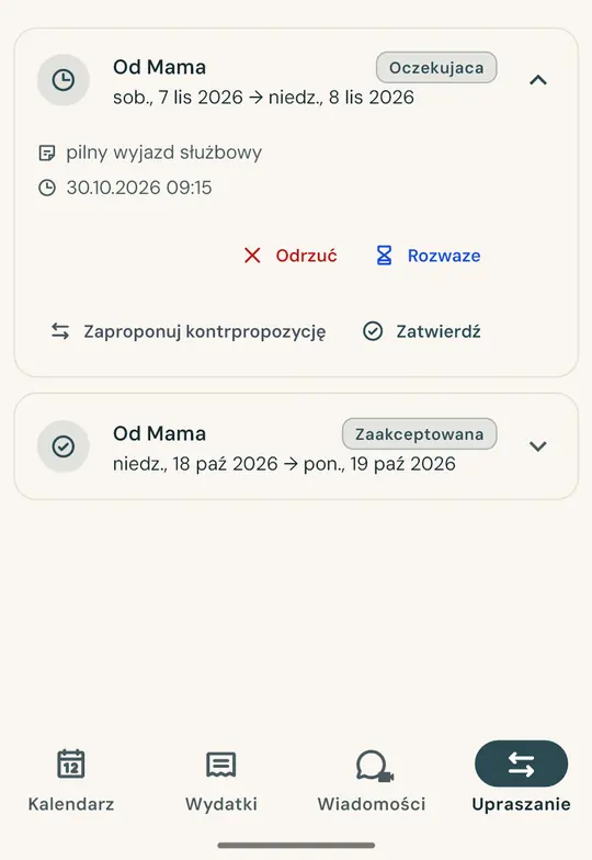 Zamiana dnia bez sporów — Poproś o zamianę weekendu bezpośrednio w aplikacji: drugi rodzic akceptuje lub odrzuca, a decyzja zapisuje się z datą i godziną.