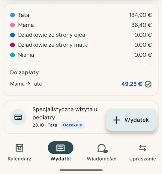Wydatki na dzieci, sprawiedliwie podzielone — Zrób zdjęcie paragonu, a kwota i data uzupełnią się same. Dzielicie po połowie lub według własnych ustaleń: bilans jest zawsze aktualny.