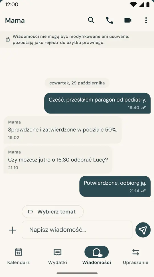 Czat dedykowany sprawom dzieci — Oddzielony od codziennych komunikatorów. Wysłanych wiadomości nie można edytować ani usuwać.