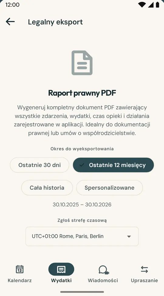 Raport dla prawnika lub mediatora — Dokument PDF z kalendarzem, noclegami, wydatkami i wiadomościami z wybranego okresu, opatrzony sumą kontrolną SHA-256 potwierdzającą brak modyfikacji.